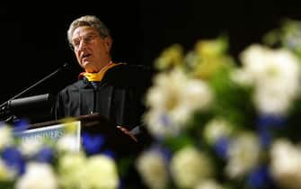 NEW YORK - MAY 17:  Financier and philanthropist George Soros addresses the graduating class at Columbia University's lauded School of International and Public Affairs, at the Cathedral of St. John the Divine May 17, 2004 in New York City. Soros criticized US President George W. Bush and the war in Iraq in his address, given to hundreds of graduates and their families.  (Photo by Chris Hondros/Getty Images)