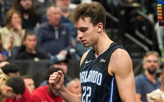 Orlando, Florida, USA, January 31, 2024, Orlando Magic player Franz Wagner #22 reacts after making a shot in the fourth quarter at the Kia Center.  (Photo by Marty Jean-Louis/Sipa USA)