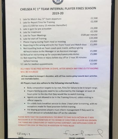 L'elenco di multe a cui vanno incontro i giocatori del Chelsea