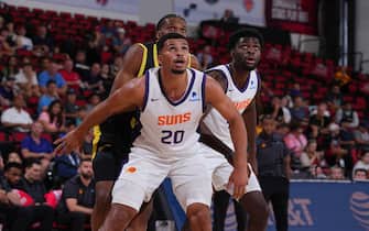 LAS VEGAS, NV - JULY 14: Toumani Camara #20 of the Phoenix Suns plays defense during the game against the Utah Jazz during the 2023 NBA Las Vegas Summer League on July 14, 2023 at the Cox Pavilion in Las Vegas, Nevada. NOTE TO USER: User expressly acknowledges and agrees that, by downloading and or using this photograph, User is consenting to the terms and conditions of the Getty Images License Agreement. Mandatory Copyright Notice: Copyright 2023 NBAE (Photo by Bart Young/NBAE via Getty Images)