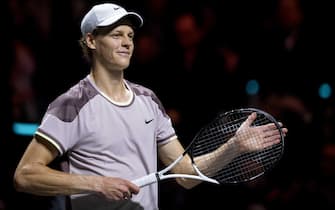 epa11153542 Jannik Sinner of Italy celebrates inning against Botic van de Zandschulp of the Netherlands during their match on the third day of the ABN AMRO Open tennis tournament at Ahoy indoor arena in Rotterdam, the Netherlands, 14 February 2024.  EPA/SANDER KONING