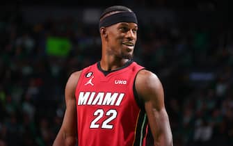 BOSTON, MA - MAY 17: Jimmy Butler #22 of the Miami Heat smiles during Game One of the Eastern Conference Finals against the Boston Celtics on May 17, 2023 at the TD Garden in Boston, Massachusetts. NOTE TO USER: User expressly acknowledges and agrees that, by downloading and or using this photograph, User is consenting to the terms and conditions of the Getty Images License Agreement. Mandatory Copyright Notice: Copyright 2023 NBAE  (Photo by Nathaniel S. Butler/NBAE via Getty Images)