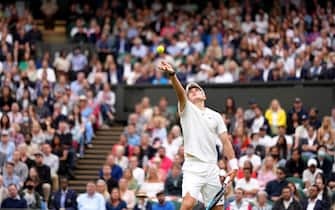 Jack Draper in action against Novak Djokovic on centre court on day one of Wimbledon at The All England Lawn Tennis and Croquet Club, Wimbledon. Picture date: Monday June 28, 2021.