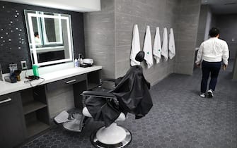 BOSTON, MA - JUNE 19: The barber's chair near the showers is pictured inside the new Boston Celtics practice facility, named the Auerbach Center, in the Brighton neighborhood of Boston on June 19, 2018. Located at the New Balance World Headquarters in Brighton, the 70,000-square-foot, state-of-the-art workspace more than doubles the size of the team's old facility in Waltham. (Photo by John Tlumacki/The Boston Globe via Getty Images)