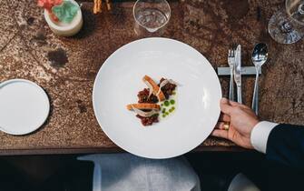 A waiter is serving a plate in an high-end restaurant. Pov view.
