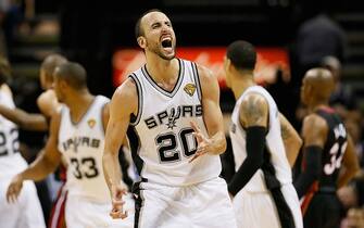 SAN ANTONIO, TX - JUNE 16:  Manu Ginobili #20 of the San Antonio Spurs reacts after making a basket in the third quarter against the Miami Heat during Game Five of the 2013 NBA Finals at the AT&T Center on June 16, 2013 in San Antonio, Texas. NOTE TO USER: User expressly acknowledges and agrees that, by downloading and or using this photograph, User is consenting to the terms and conditions of the Getty Images License Agreement.  (Photo by Kevin C. Cox/Getty Images)