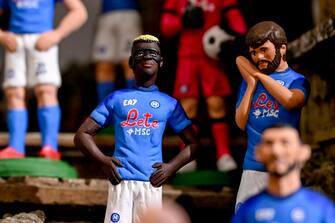 The terracotta statuettes of the Napoli players make up the 'blue nativity scene' created for the upcoming ''Scudetto party'' by the craftsman of San Gregorio Armeno Genny Di Virgilio, in Naples, Italy, 28 April 2023. SSC Napoli lead the Serie A, continuing their seemingly unstoppable march towards the title. ANSA / CIRO FUSCO