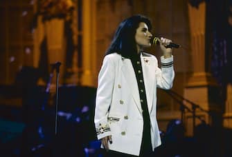 "Italian singer Laura Pausini singing La Solitudine at the 43rd Sanremo Music Festival. Sanremo, February 1993  (Photo by Rino Petrosino\Mondadori via Getty Images)"