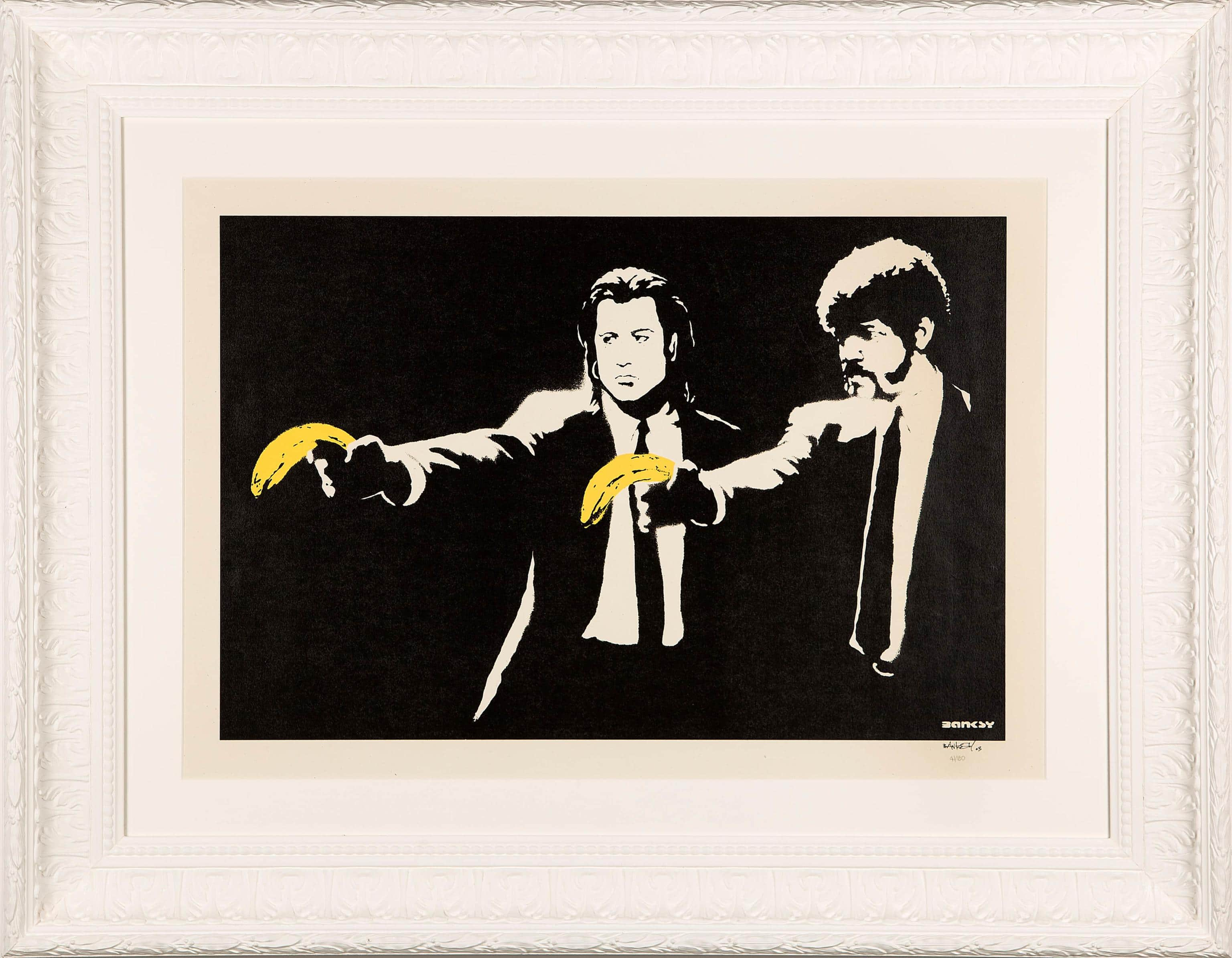 Banksy Pulp Fiction, una delle opere esposte alla mostra che  documenta il percorso innovativo e rivoluzionario di Andy Warhol e di Banksy con oltre 100 opere provenienti da tutto il mondo, Roma, 20 dicembre 2024. ANSA/ UFFICIO STAMPA 
ANSA PROVIDES ACCESS TO THIS HANDOUT PHOTO TO BE USED SOLELY TO ILLUSTRATE NEWS REPORTING OR COMMENTARY ON THE FACTS OR EVENTS DEPICTED IN THIS IMAGE; NO ARCHIVING; NO LICENSING NPK