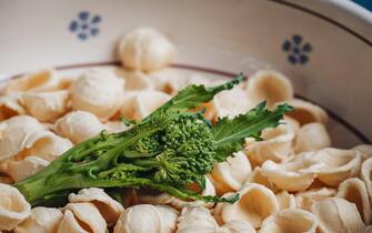 Traditional apulian dish with orecchiette shaped pasta and turnip tops vegetables
