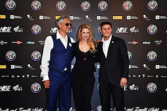 ARESE, ITALY - MAY 24:  Andrea Bocelli,  Michelle Hunziker and Javier Zanetti attend Bocelli and Zanetti Night press conference on May 24, 2016 in Arese, Italy.  (Photo by Jacopo Raule/Getty Images for Bocelli & Zanetti Night)