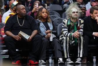 ATLANTA, GEORGIA - MARCH 23:  Killer Mike and Beetlejuice look during the third quarter of the game between the Atlanta Hawks and the Charlotte Hornets at State Farm Arena on March 23, 2024 in Atlanta, Georgia.  NOTE TO USER: User expressly acknowledges and agrees that, by downloading and/or using this photograph, user is consenting to the terms and conditions of the Getty Images License Agreement.  (Photo by Kevin C. Cox/Getty Images)