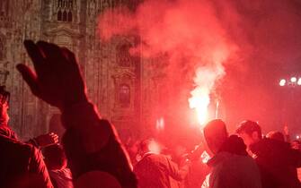 Festeggiamenti e fuochi artificiali in piazza Duomo a Capodanno la notte del 31 dicembre San Silvestro , Milano 31 Dicembre 2022ANSA/MATTEO CORNER
