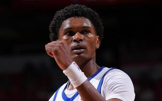 LAS VEGAS, NV - JULY 12: Ausar Thompson  #9 of the Detroit Pistons celebrates during the 2023 NBA Las Vegas Summer League on July 12, 2023 at the Thomas & Mack Center in Las Vegas, Nevada. NOTE TO USER: User expressly acknowledges and agrees that, by downloading and or using this photograph, User is consenting to the terms and conditions of the Getty Images License Agreement. Mandatory Copyright Notice: Copyright 2023 NBAE (Photo by Bart Young/NBAE via Getty Images)