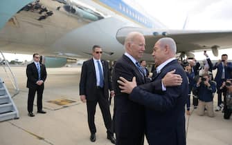 October 18, 2023, Lod, Israel: US President JOE BIDEN, visits Israel and is welcomed by Israeli Prime Minister BENJAMIN NETANYAHU at Ben Gurion International Airport near Tel Aviv. Biden’s mission was to display resolve for Israel and to diminish the likelihood of a wider war, while providing assurances that he was not overlooking the increasingly dire humanitarian situation in Gaza. (Credit Image: © Avi Ohayon/Israel Gpo via ZUMA Press Wire)
