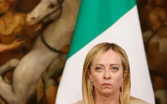 Italian Prime Minister Giorgia Meloni during a press conference at the end of a bilateral meeting with Malta's Prime Minister Robert Abela, at Chigi Palace in Rome, Italy, 15 June 2023. ANSA/FABIO FRUSTACI.