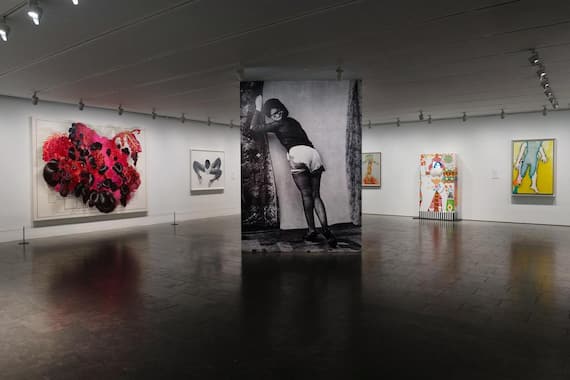 Installation View from the Louisiana's South Wing. Left: Firelei Baéz, Fruta Estrana (Lee Monument), 2022. Louisiana Museum of Modern Art. Donation: Deborah Beckmann & Jacob Kotzubei. In the middle: Frida Orupabo, Turning, 2021. Acquired with funding from