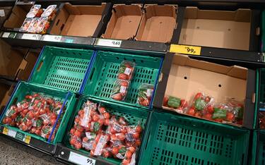 epa10483370 Empty shelves at a Morrisons supermarket in London, Britain, 22 February 2023. UK supermarket chains Asda and Morrisons have said they will begin rationing tomatoes and some other salad food items due to lack of supply of fresh vegetables. The shortages are due to extreme weather in Spain and north Africa that have affected harvests.  EPA/ANDY RAIN