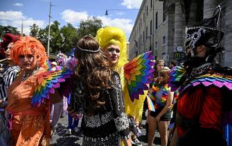 Members and supporters of the lesbian, gay, bisexual and transgender (LGBT) community take part in the Pride parade in Rome, Italy, 11 June 2022. ANSA/RICCARDO ANTIMIANI