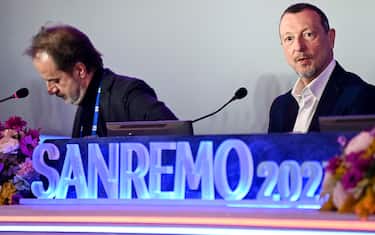 Sanremo Festival host and artistic director Amadeus (R) and Italian Rai 1 TV Director, Stefano Coletta (L), during a press conference at the 73rd Sanremo Italian Song Festival, in Sanremo, Italy, 09 February 2023. The music festival will run from 07 to 11 February 2023.  ANSA/RICCARDO ANTIMIANI