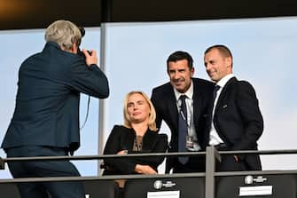 BERLIN, GERMANY - JULY 14: Luis Figo, Football Advisor of UEFA, poses for a photograph with Aleksander Ceferin, President of UEFA, prior to the UEFA EURO 2024 final match between Spain and England at Olympiastadion on July 14, 2024 in Berlin, Germany. (Photo by Michael Regan - UEFA/UEFA via Getty Images)