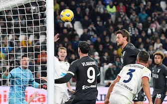 Juventus' Daniele Rugani score the gol (2-0) during the italian Serie A soccer match Juventus FC vs Cagliari Calcio at the Allianz Stadium in Turin, Italy, 11 november 2023 ANSA/ALESSANDRO DI MARCO