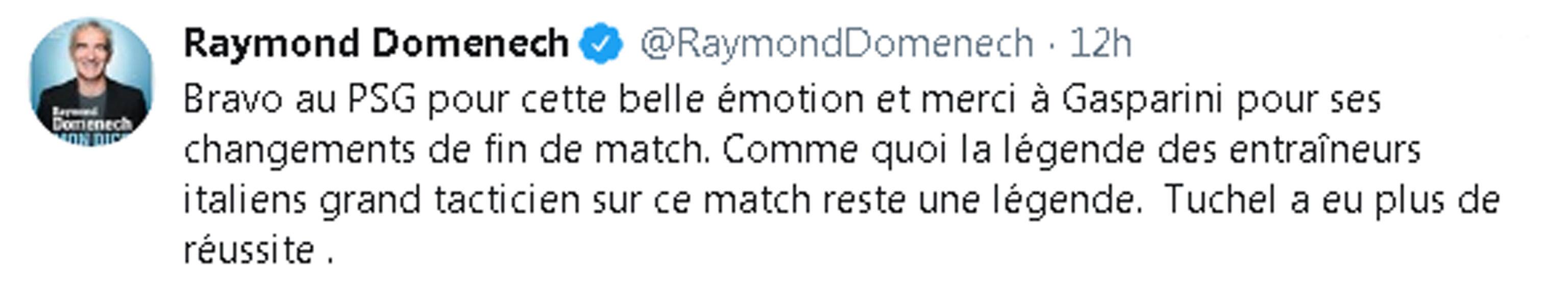 "Bravo al Psg per questa bella emozione e grazie a Gasperini per i suoi cambi a fine partita". Firmato  Raymond Domenech. L'ex ct della Francia sconfitto dall'Italia nella finale mondiale del 2006, e spesso acido con
il calcio italiano, va a gamba tesa sul tecnico dell'Atalanta nonostante la stagione dei record e la semifinale Champions sfumata per pochi minuti. "La leggenda  che i tecnici italiani siano grandi dal punto di vista tattico stavolta - aggiunge l'allenatore francese su twitter - resta una leggenda. Tuchel ha fatto meglio". +++ TWITTER/DOMENECH