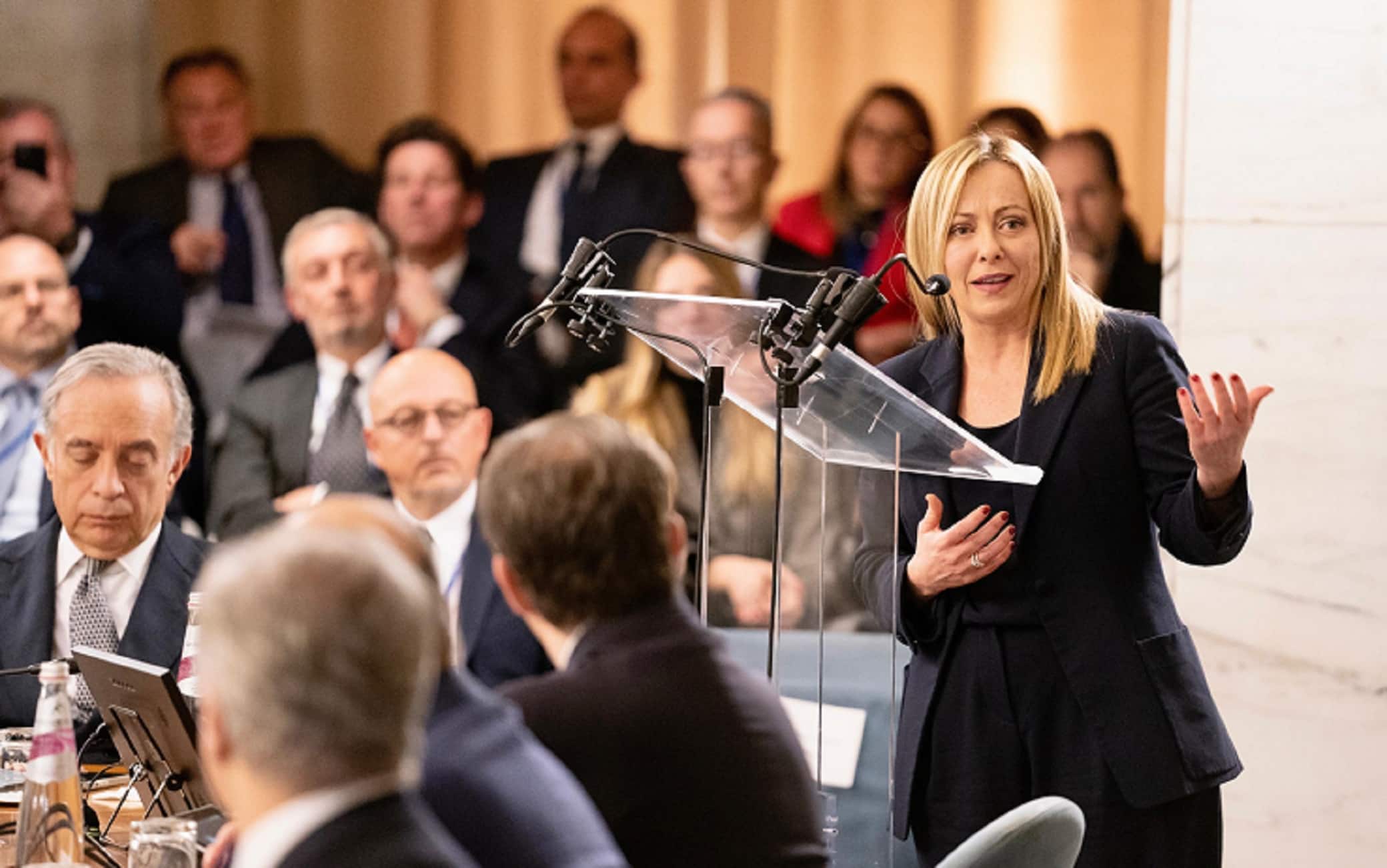 La presidente del Consiglio Giorgia Meloni durante la Conferenza degli Ambasciatori alla Farnesina, Roma, 22 Dicembre 2022. ANSA/US PALAZZO CHIGI/FILIPPO ATTILI