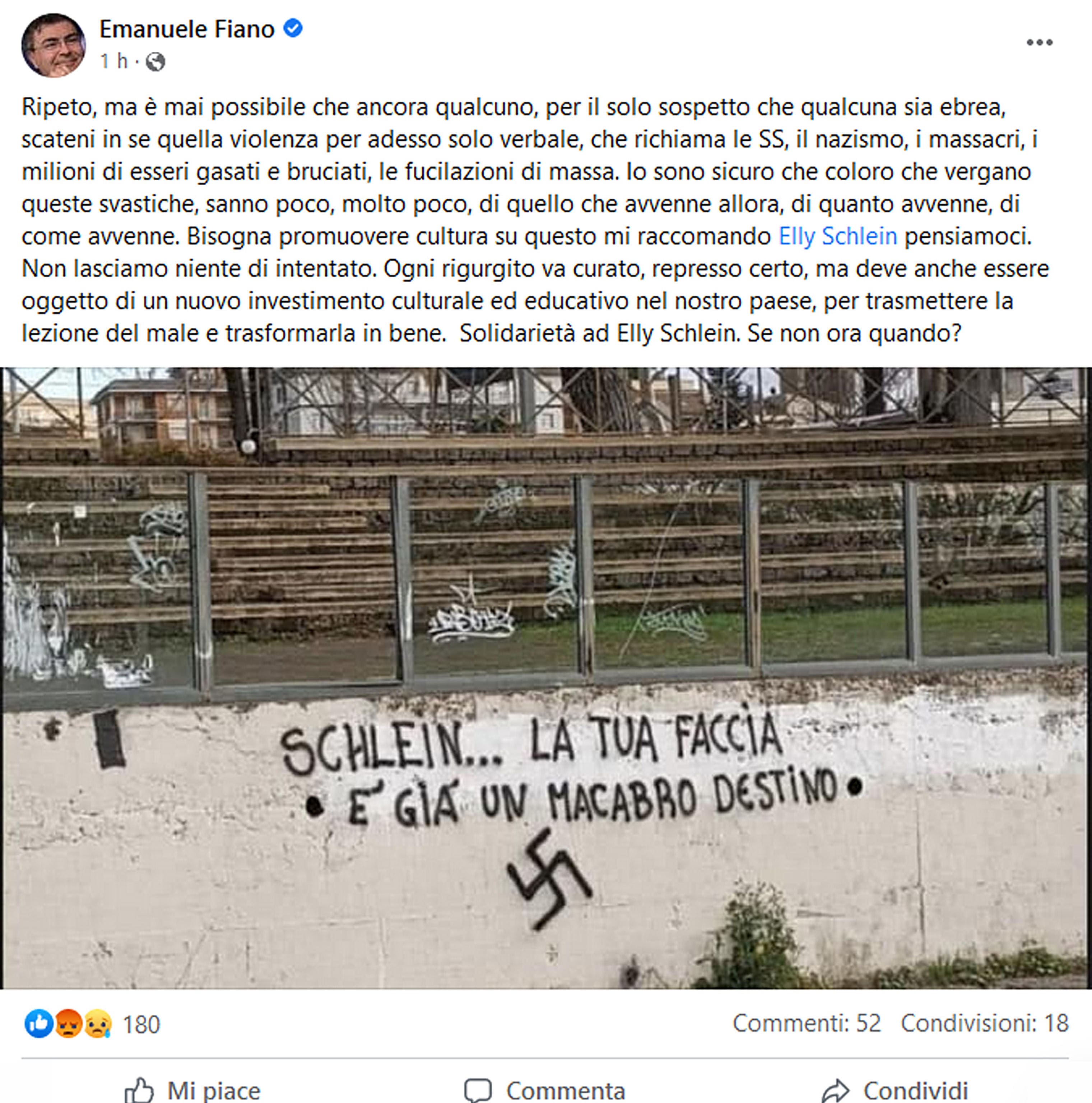 Svastica contro Elly Schlein a Viterbo: ''La tua faccia è già un macabro destino'', la scritta e' apparsa in un muro della città laziale. +++ FACEBOOK/EMANUELE FIANO +++ ATTENZIONE LA FOTO NON PUO' ESSERE RIPRODOTTA SENZA L'AUTORIZZAZIONE DELLA FONTE CUI SI RINVIA +++ NPK +++