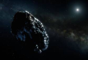 Illustration of an asteroid. Even in the main belt the asteroid density is very low. On average, distances of millions of miles separate even the closest members. Most of them, as this artist's impression shows, are lone wanderers.