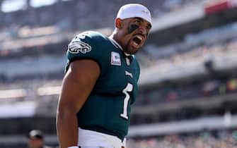 PHILADELPHIA, PENNSYLVANIA - OCTOBER 01: Jalen Hurts #1 of the Philadelphia Eagles reacts before the game against the Washington Commanders at Lincoln Financial Field on October 01, 2023 in Philadelphia, Pennsylvania. (Photo by Tim Nwachukwu/Getty Images)