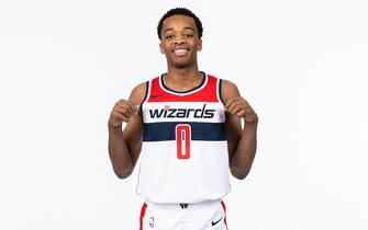 WASHINGTON, DC - JUNE 24: Bilal Coulibaly #0 of the Washington Wizards poses for a portrait on June 24, 2023 at The Anthem in Washington, DC. NOTE TO USER: User expressly acknowledges and agrees that, by downloading and or using this photograph, User is consenting to the terms and conditions of the Getty Images License Agreement. (Photo by Stephen Gosling/NBAE via Getty Images)