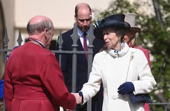 epa10566182 Britain's Anne, Princess Royal departs the Easter Sunday service at St Georges Chapel at Windsor Castle in Windsor, Britain, 09 April 2023.  EPA/NEIL HALL