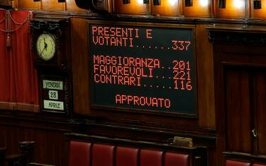 Tabellone elettronico della Camera con risultato votazione del DEF, Roma, 28 Aprile 2023. ANSA/GIUSEPPE LAMI
