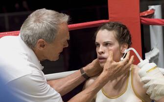 CLINT EASTWOOD as Frankie and HILARY SWANK as Maggie in Warner Bros. Pictures  drama  Million Dollar Baby.   The Malpaso production also stars Morgan Freeman.  
PHOTOGRAPHS TO BE USED SOLELY FOR ADVERTISING, PROMOTION, PUBLICITY OR REVIEWS OF THIS SPECIFIC MOTION PICTURE AND TO REMAIN THE PROPERTY OF THE STUDIO. NOT FOR SALE OR REDISTRIBUTION.