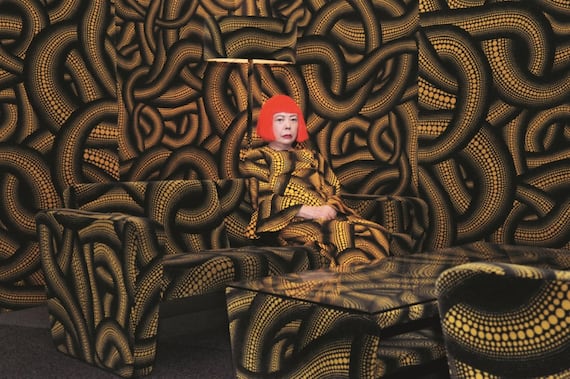 Yayoi Kusama with 'Yellow Tree / Living Room' at the Aichi Triennale, 2010 © YAYOI KUSAMA. Courtesy of Ota Fine Arts and David Zwirner