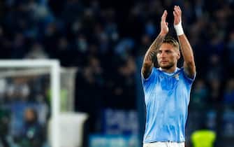 Lazio's Ciro Immobile celebrates the victory at the end of the UEFA Champions League round of 16 first leg soccer match SS Lazio vs FC Bayern Munich at Olimpico stadium in Rome, Italy, 14 February 2024. ANSA/ANGELO CARCONI