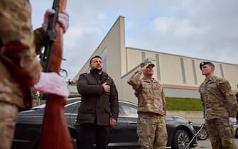 President of Ukraine VOLODYMYR ZELENSKYY visits a U.S. military base hosting the headquarters of the U.S. Army Command in Europe and Africa in Wiesbaden. Zelensky met with Commander of the Ukraine Defense Assistance Group, Lieutenant General ANTONIO AGUTO, left, Commander of U.S. European  Commander of U.S. Europe and Africa, General DARRYL WILLIAMS, and Command and Supreme Allied Commander in Europe, General CHRISTOPHER CAVOLI, right.



Pictured: [ZELENSKYY,VOLODYMYR],Volodymyr Zelenskyy

Ref: SPL10411055 141223 NON-EXCLUSIVE

Picture by: Ukraine Presidency/ZUMA Press Wire / SplashNews.com



Splash News and Pictures

USA: 310-525-5808 
UK: 020 8126 1009

eamteam@shutterstock.com



World Rights, No Argentina Rights, No Belgium Rights, No China Rights, No Czechia Rights, No Finland Rights, No France Rights, No Hungary Rights, No Japan Rights, No Mexico Rights, No Netherlands Rights, No Norway Rights, No Peru Rights, No Portugal Rights, No Slovenia Rights, No Sweden Rights, No Taiwan Rights, No United Kingdom Rights