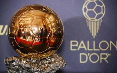 This picture taken on October 17, 2022 shows the trophy prior the 2022 Ballon d'Or France Football award ceremony at the Theatre du Chatelet in Paris. (Photo by FRANCK FIFE / AFP) (Photo by FRANCK FIFE/AFP via Getty Images)