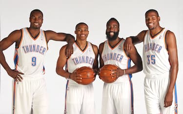 EDMOND, OK - OCTOBER 1: Serge Ibaka #9, Russell Westbrook #0, James Harden #13 and Kevin Durant of the Oklahoma City Thunder pose for a portrait during 2012 NBA Media Day on October 1, 2012 at the Thunder Events Center in Edmond, Oklahoma. NOTE TO USER: User expressly acknowledges and agrees that, by downloading and or using this Photograph, user is consenting to the terms and conditions of the Getty Images License Agreement. Mandatory Copyright Notice: Copyright 2011 NBAE (Photo by Layne Murdoch/NBAE via Getty Images)