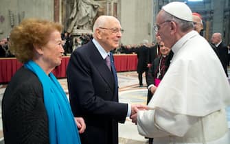 Pope Francis greets Italian President Giorgio Napolitano and his wife Clio during the Inauguration Mass on March 19, 2013 in Vatican City, Vatican. The mass was held in front of an estimated crowd of up to one million pilgrims and faithful who have filled the square and the surrounding streets to see the former Cardinal of Buenos Aires officially take up his role as pontiff. Pope Francis' inauguration took place in front of Cardinals and spiritual leaders as well as heads of state from around the world. Photo by ABACAPRESS.COM