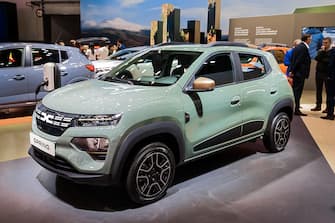 Dacia Spring new full electric car at the Brussels Autosalon European Motor Show. Brussels, Belgium - January 13, 2023.