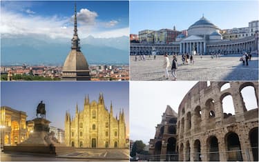 collage di città: Torino, Napoli, Milano e Roma