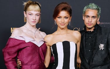 LOS ANGELES, CALIFORNIA - JANUARY 05: (L-R) Hunter Schafer, Zendaya, and Dominic Fike attend HBO's "Euphoria" Season 2 Photo Call at Goya Studios on January 05, 2022 in Los Angeles, California. (Photo by Jeff Kravitz/FilmMagic for HBO)