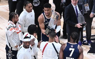 INDIANAPOLIS, UNITED STATES - FEBRUARY 18: Players of Team Giannis celebrate after winning the 73rd NBA All-Star game between Team LeBron and Team Giannis at Gainbridge Fieldhouse in Indianapolis, United States on February 18, 2024. (Photo by Fatih Aktas/Anadolu via Getty Images)