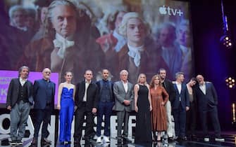 CANNES, FRANCE - APRIL 10: (L-R) Marc Duret, Olivier Claverie, Lily Dupont, Xavier Brossard, Assaad Bouab, Michael Douglas, Ludivine Sagnier, Florence Darel, Daniel Mays, Thibault de Montalembert, Noah Jupe and Timothy Van Patten attend the premiere of 'Franklin' during the Closing Ceremony of the 7th Canneseries International Festival on April 10, 2024 in Cannes, France. (Photo by Dominique Charriau/WireImage)