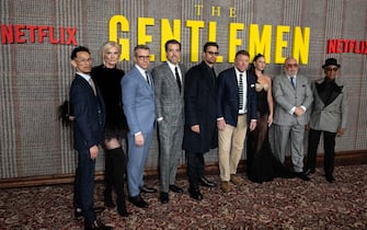 LONDON, ENGLAND - MARCH 05: (L-R) Michael Vu, Joely Richardson, Max Beesley, Daniel Ings, Theo James, Guy Ritchie, Kaya Scodelario, Ray Winstone and Giancarlo Esposito attend the UK Series Global Premiere of "The Gentlemen" at the Theatre Royal Drury Lane on March 05, 2024 in London, England. (Photo by Jeff Spicer/WireImage) (Photo by Jeff Spicer/WireImage)