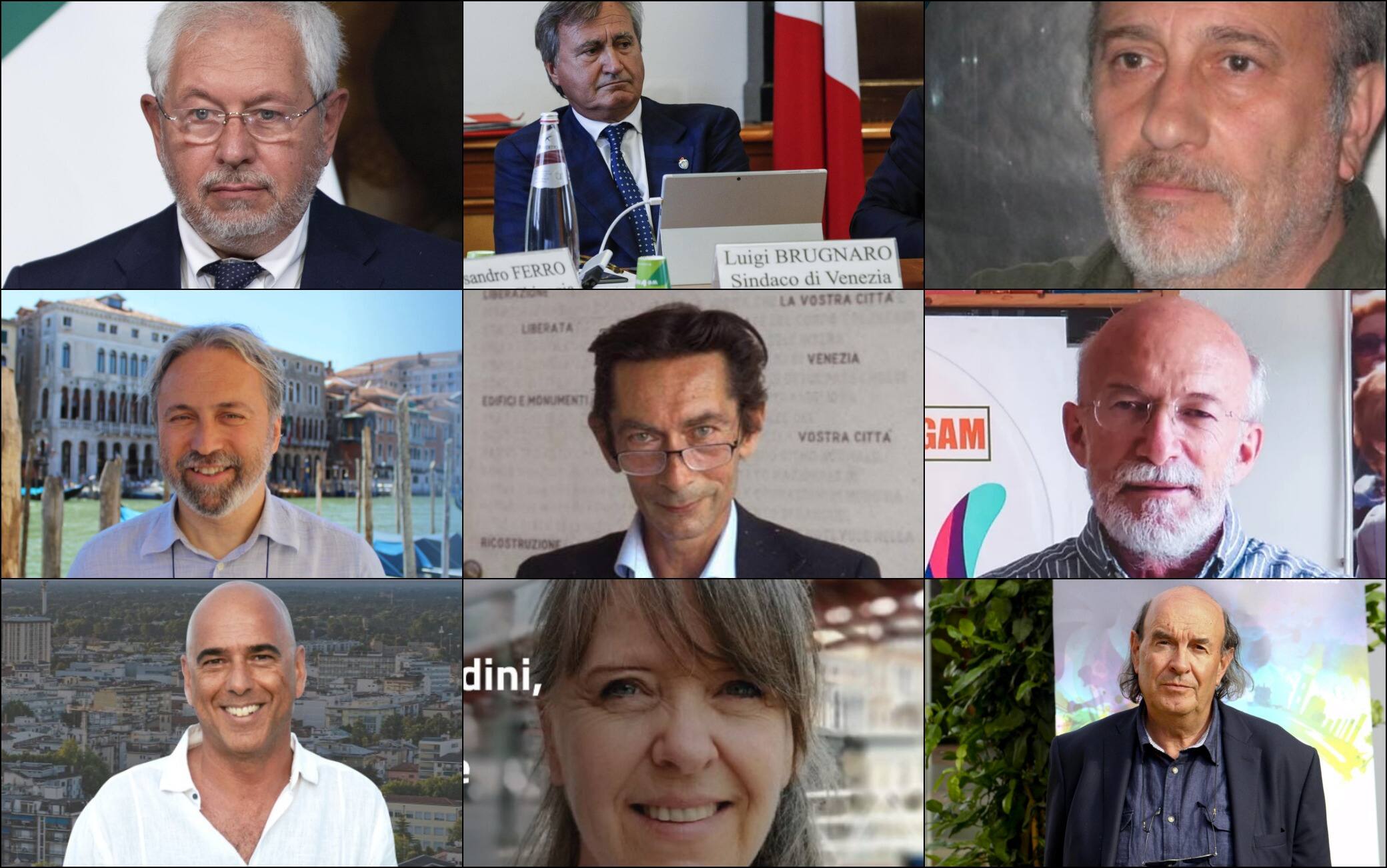 I candidati sindaco di Venezia, da sinistra in alto a destra in basso: Pier Paolo Baretta, Luigi Brugnaro, Alessandro Busetto, Maurizio Callegari, Marco Gasparinetti, Giovanni Andrea Martini, Marco Sitran, Sara Visman, Stefano Zecchi 