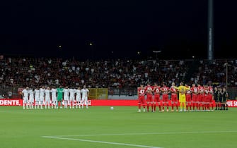 The teams observe 1 minute of silence remembering Silvio Berlusconi prior to  the “Silvio Berlusconi” Trophy soccer match between AC Monza and AC Milan at U-Power Stadium in Monza, Italy, 8 August 2023. ANSA /  ROBERTO BREGANI