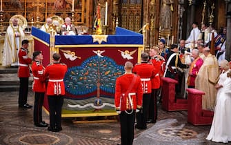 An anointing screen is erected for King Charles III during his coronation ceremony in Westminster Abbey, London. Picture date: Saturday May 6, 2023.
